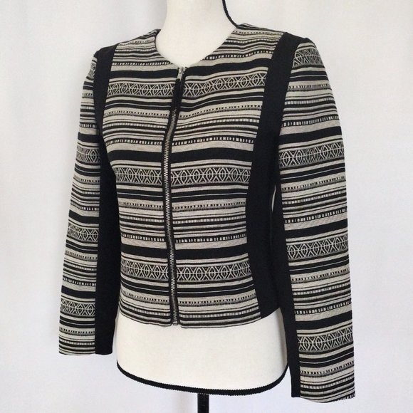H&M Black and Ivory Southwestern Striped Textured Zip Jacket - Picture 4 of 10